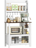 Tall hutch with glass doors, open shelves, and cup rack, white