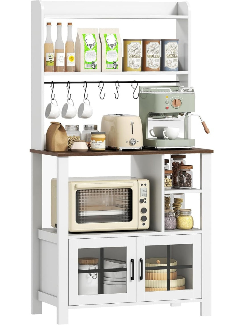 Tall hutch with glass doors, open shelves, and cup rack, white