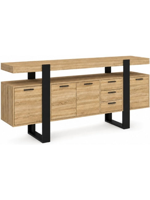 180 cm LED Sideboard with 4 Doors and 3 Drawers, Modern Buffet with Open Shelf for Dining Room or Living Room, Black Oak