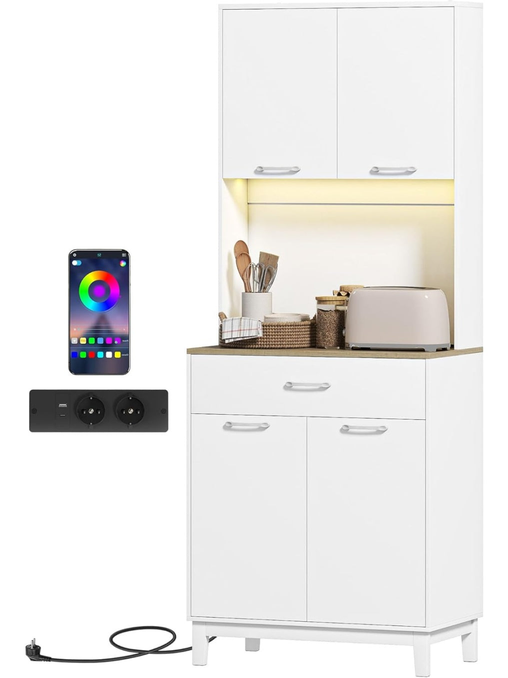 Kitchen Pantry with LED Lights, Charging Station, 4 Doors and Drawer, Multifunctional White Cabinet, 71 x 40 x 180 cm