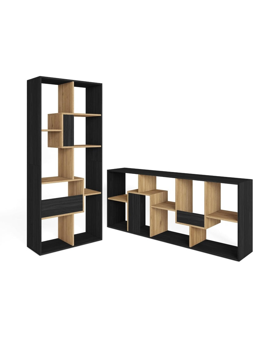 Decorative Bookshelf with Storage Spaces, Black and Oak Finish, 162 x 67 x 31 cm