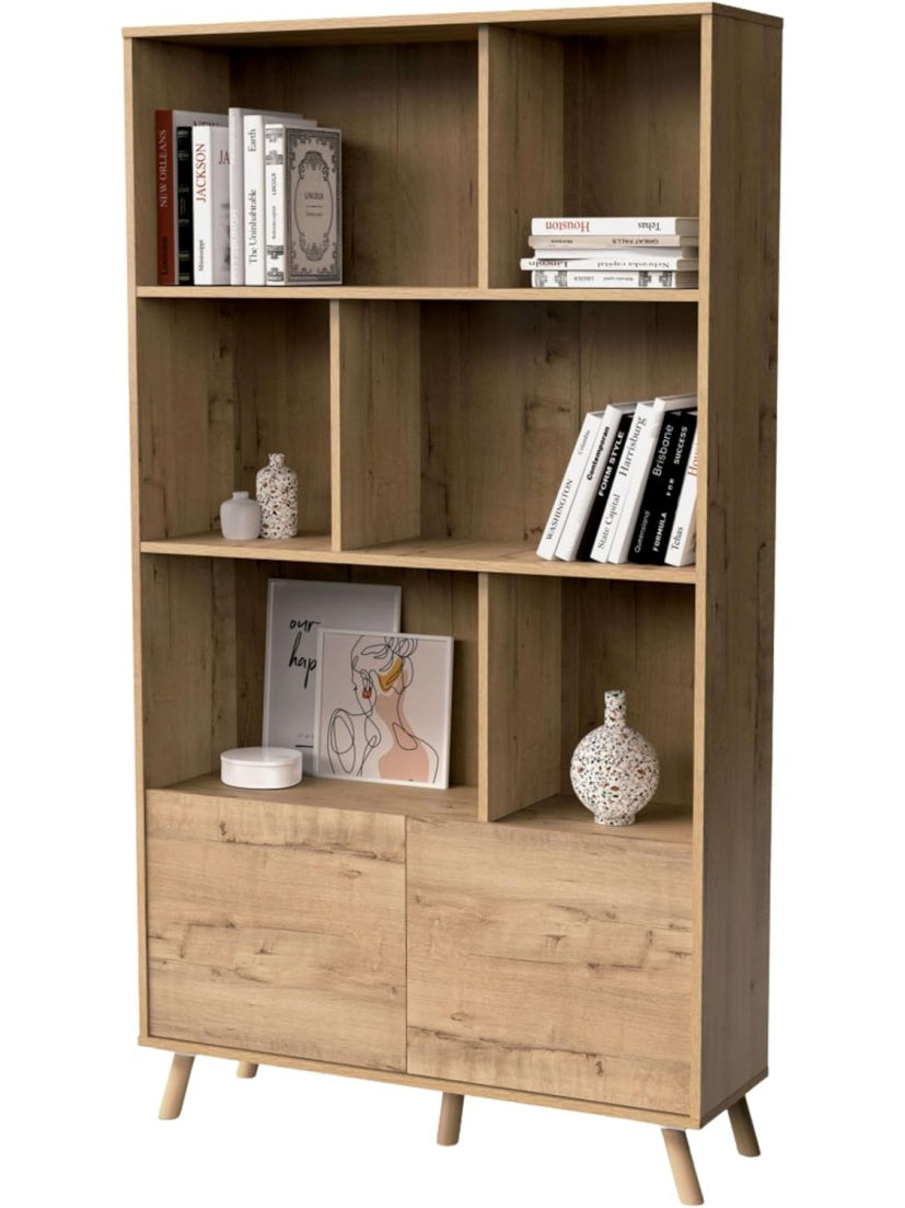 Librería con 2 Puertas y 3 Estantes, Estilo Nórdico para Oficina o Salón, Roble Gold, 179 x 100 x 30 cm