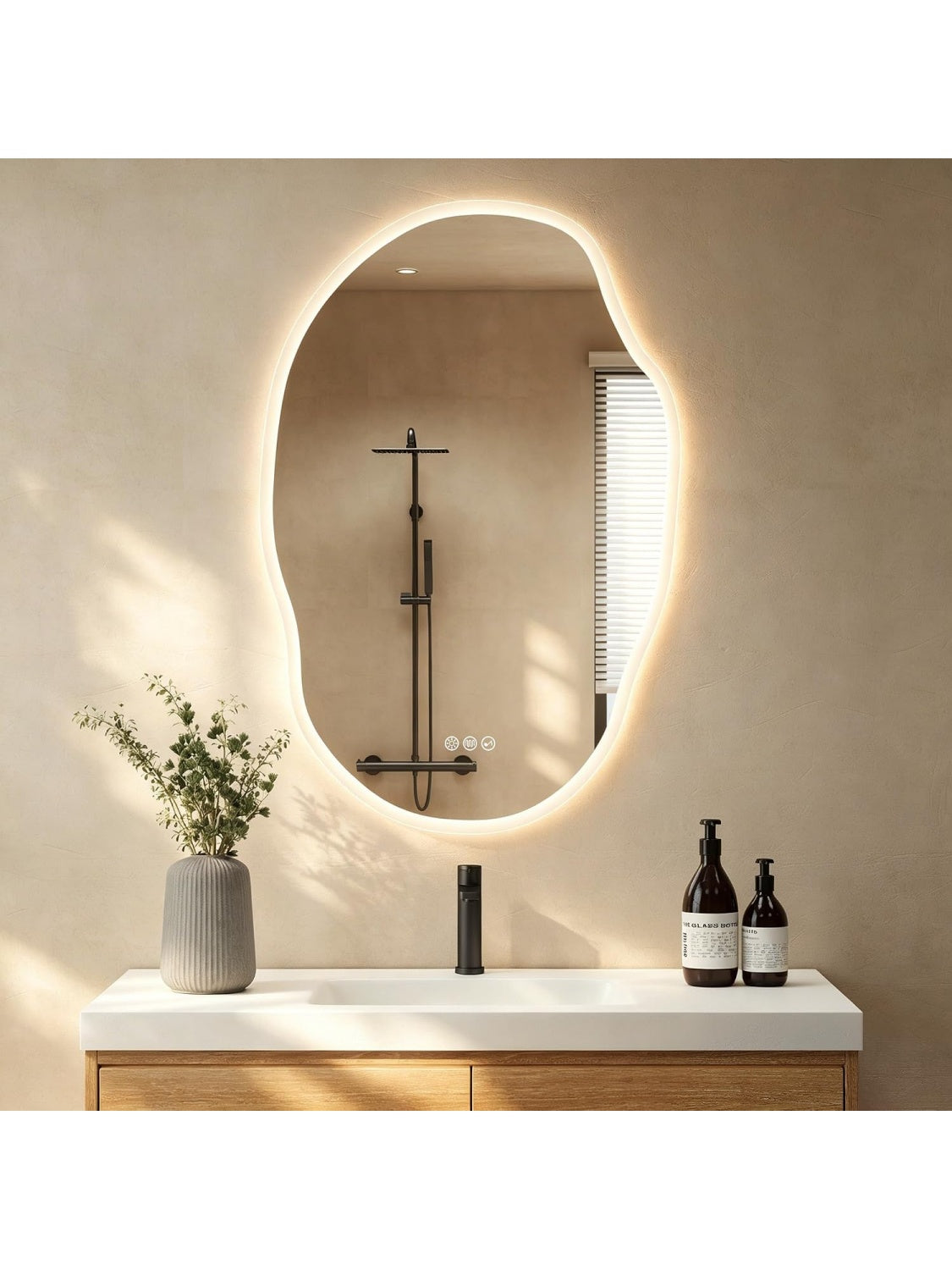 Asymmetrical Bathroom Mirror with LED Light, Bluetooth, Anti-fog Function and Color Regulation, 60 x 90 cm