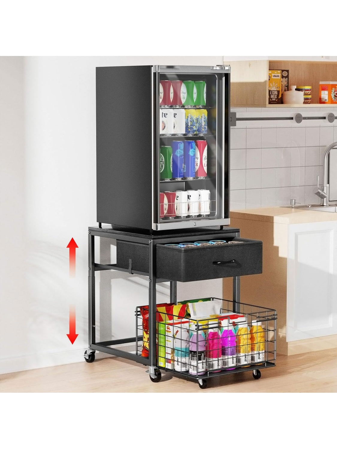 Adjustable Mini Fridge Stand with Drawer, Rolling Shelf for Home or Office, Black