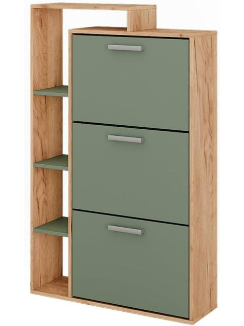 Shoe Cabinet with 3 Tilt-Out Compartments, Oak and Green Finish, 80 x 128.3 cm