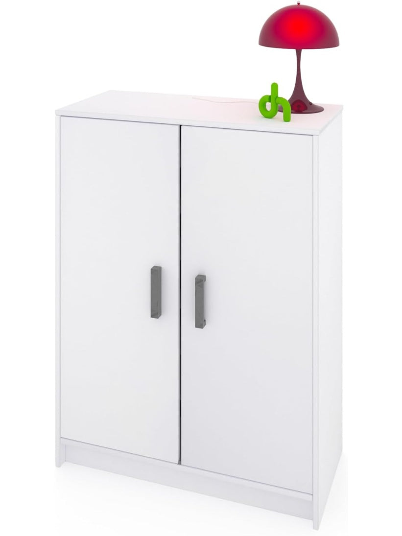 Two-door shoe organizer with vertical design and white finish, perfect for hallways.