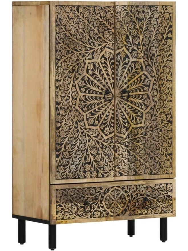 High Buffet Cabinet Made of Solid Mango Wood, Decorative Sideboard with Large Capacity for Dining Room and Living Room
