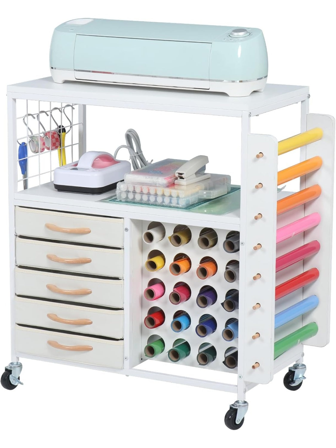 Organizer Cart for Cricut with 5 Drawers, Heat Press Stand, and 28 Vinyl Rolls