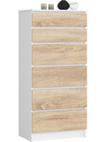 Tall Chest of Drawers with 6 Drawers in White and Sonoma Oak, Storage Unit, 60 x 40 x 130 cm