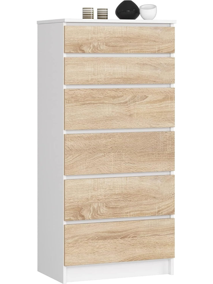 Tall Chest of Drawers with 6 Drawers in White and Sonoma Oak, Storage Unit, 60 x 40 x 130 cm