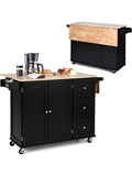 Multifunction Kitchen Cart with Drop-Leaf Countertop, 3 Drawers, Bottom Cabinet and Adjustable Shelves, Black