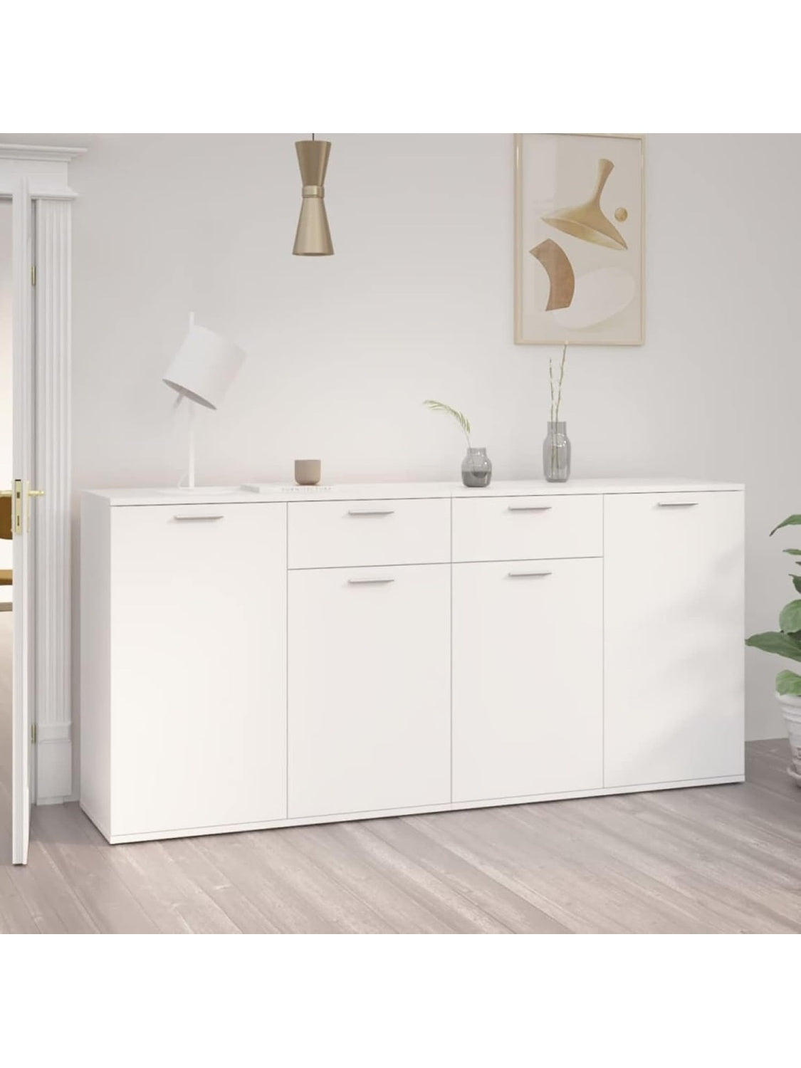 White High-Capacity Sideboard for Living Room, Kitchen or Hallway, Auxiliary Furniture with Modern Design, 160 x 36 x 75 cm