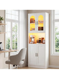 Tall bookcase with cabinets, display case and integrated lighting for living room or office, white finish