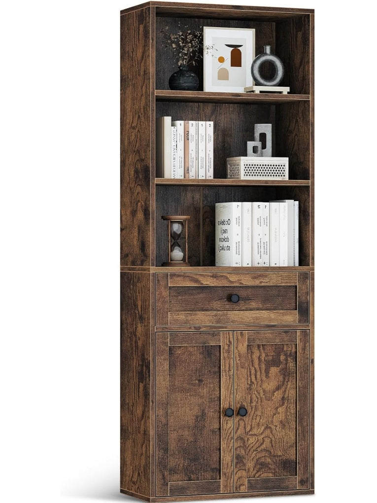 Estantería de madera con 5 baldas, puertas y cajón para almacenamiento, marrón, 48 x 24 x 164.2 cm