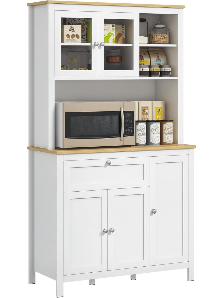 Tall Kitchen Pantry with 5 Doors, Drawer and Microwave Space, Multifunctional Auxiliary Cabinet, White