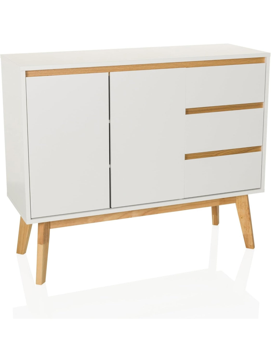 Scandinavian Sideboard with 3 Drawers and 2 Doors, Soft-Close System and Wooden Legs, White