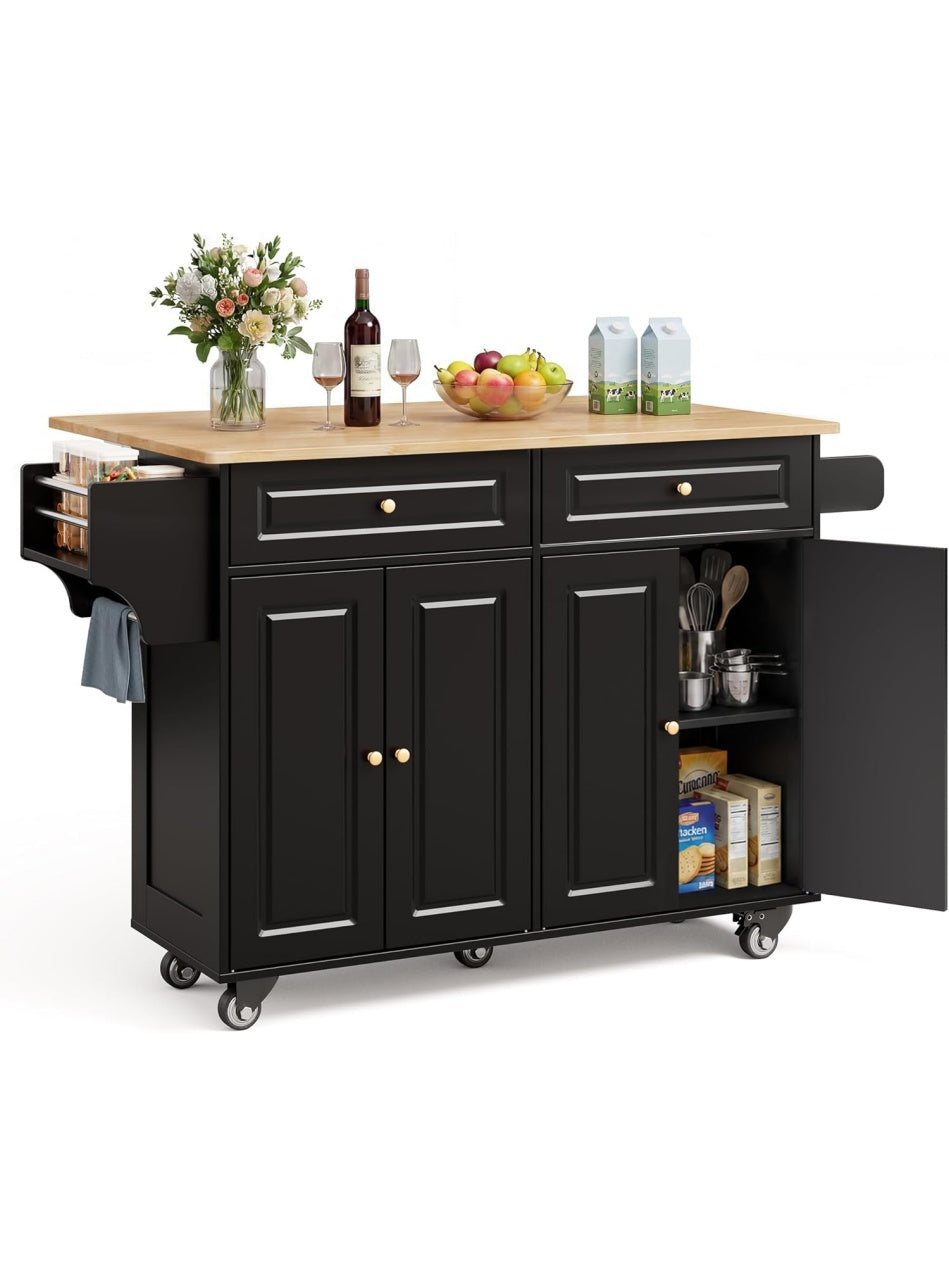 Kitchen Island with Spacious Countertop and Shelves, Rolling Utility Cart for Prep and Storage, White/Black