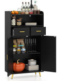 Multifunctional auxiliary cabinet with two doors, drawers, and open shelves for dining room or kitchen, black