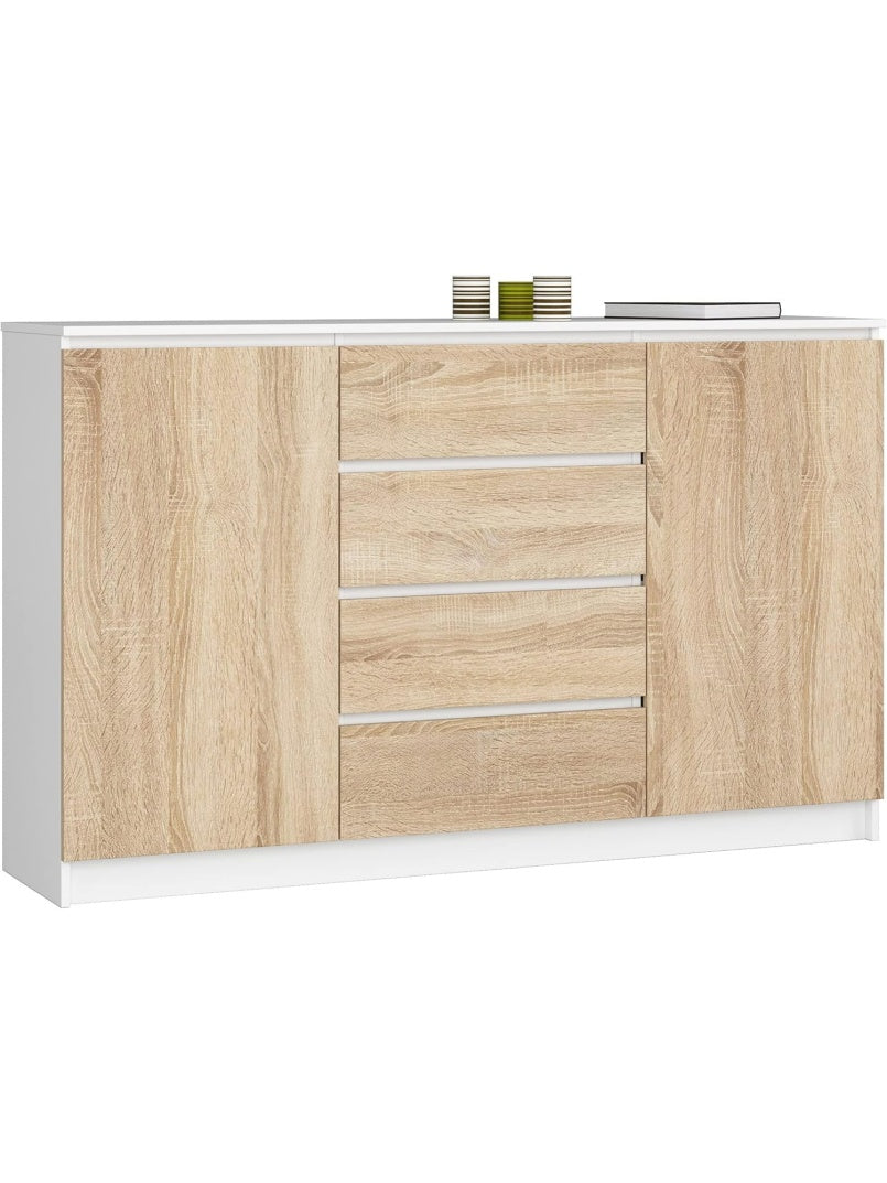 Modern Dresser with 4 Drawers and 2 Doors, Storage Sideboard for Bedroom or Living Room, White and Sonoma