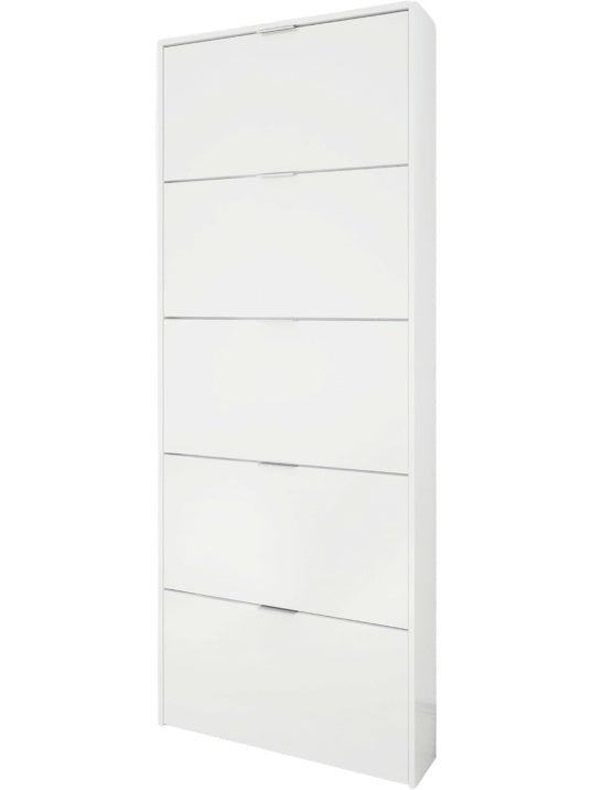 Tall shoe cabinet with high-gloss white finish and integrated mirror, 70 x 180 x 17 cm