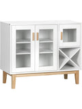 Kitchen buffet with a wine rack for four bottles, glass doors, and a contemporary design in white